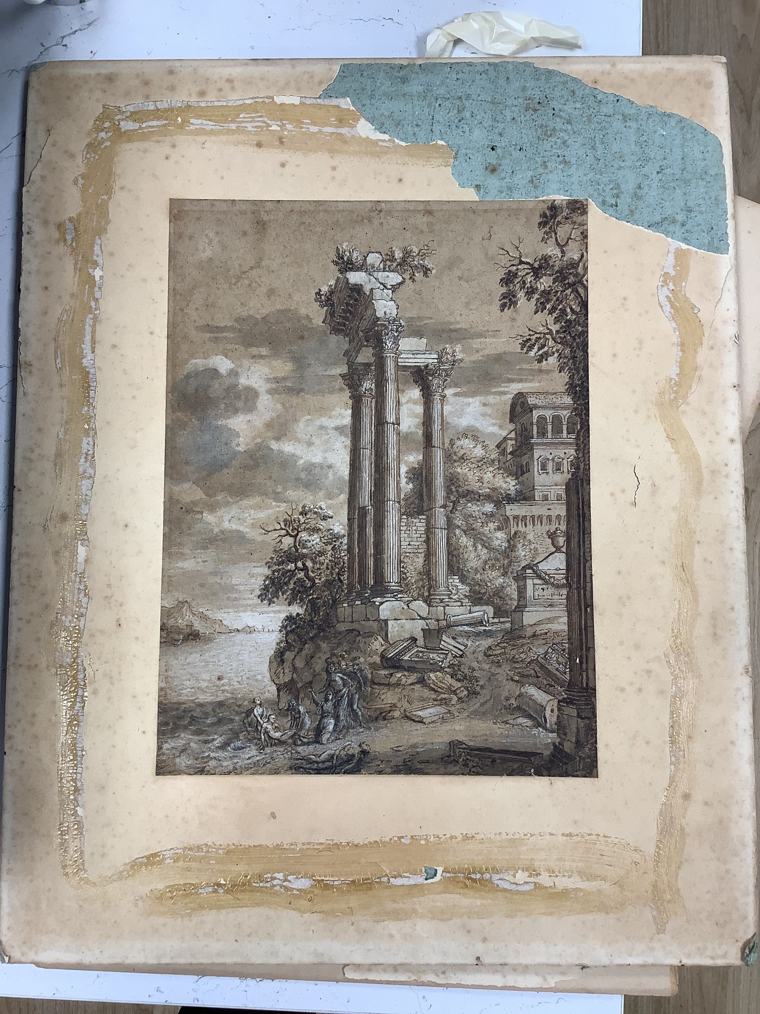 After Claude Lorrain, watercolour, Figures beside classical ruins, old collection labels verso, 32 x 24cm. Unframed